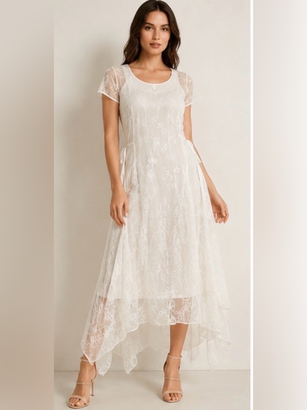 Nostalgia Women’s White Embroidered Sheer Overlay Midi Dress Size M Vintage Boho